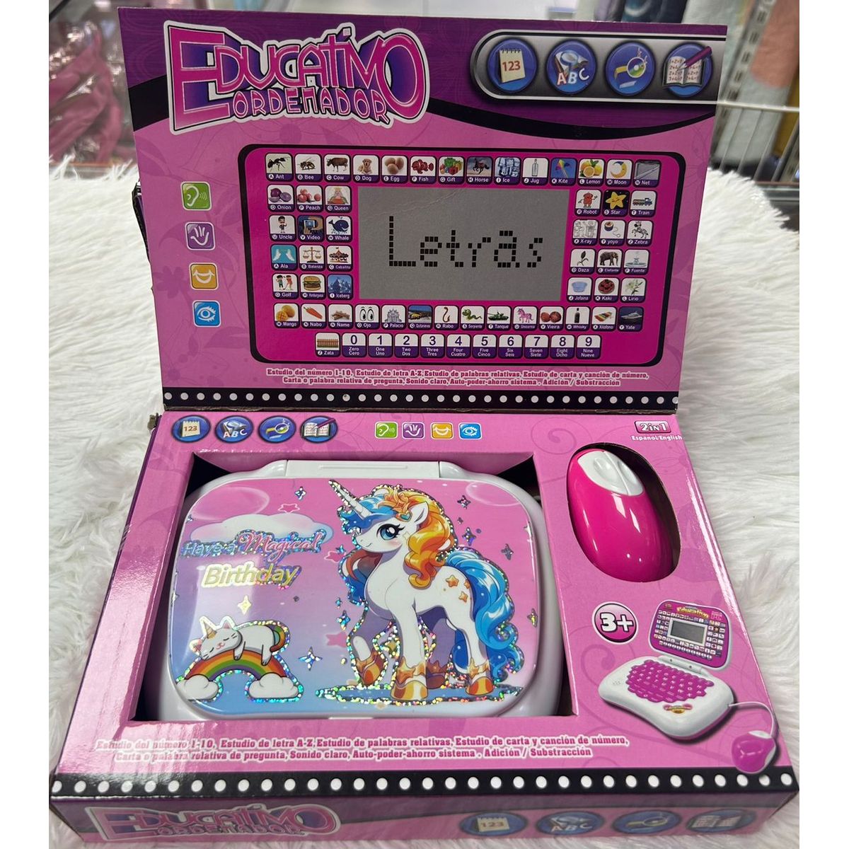 GENERICO - COMPUTADORA EDUCATIVA BILINGUE CON PANTALLA PARA NIÑAS COLOR ROSA CON DISEÑO UNICORNIO WYM