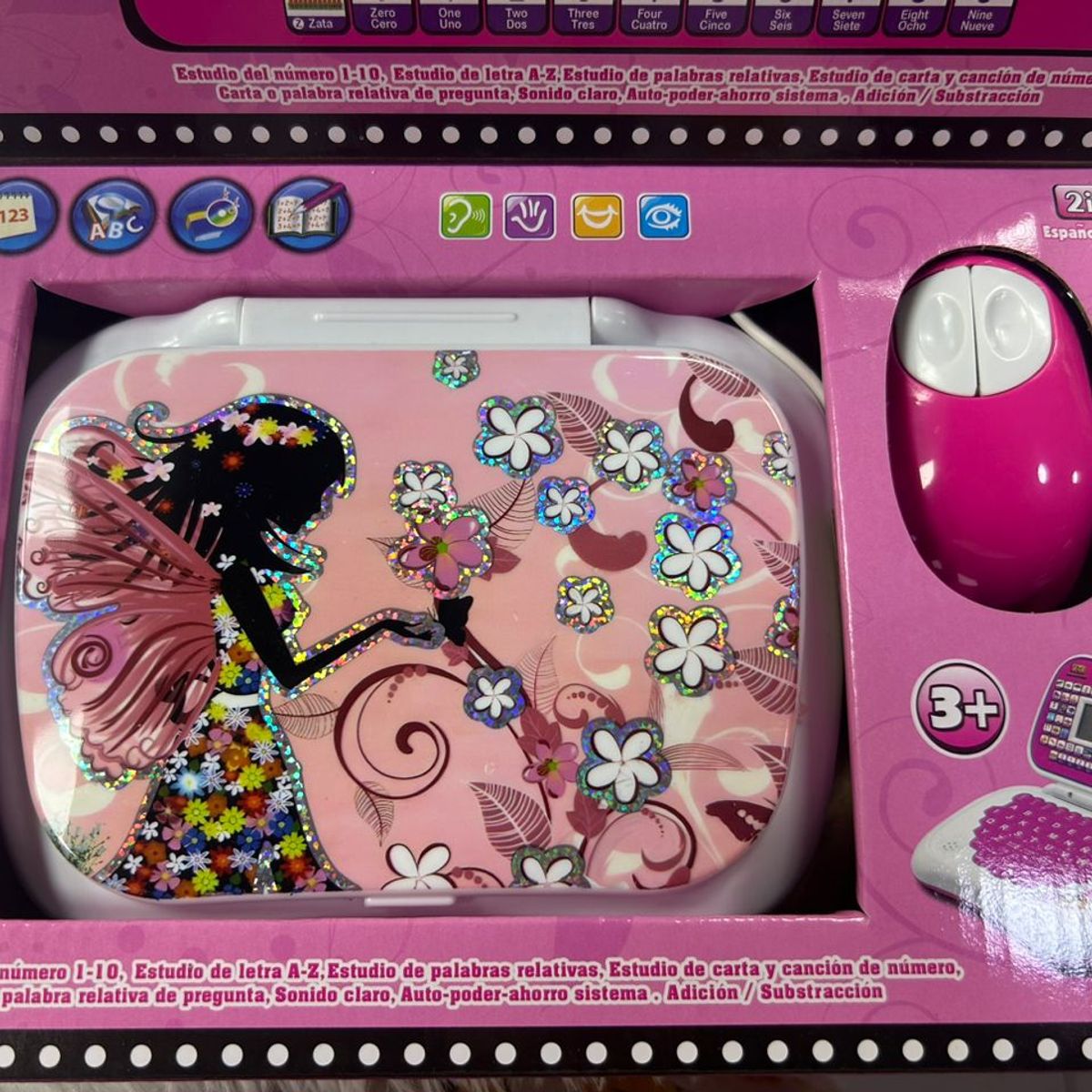 GENERICO - COMPUTADORA EDUCATIVA BILINGUE CON PANTALLA PARA NIÑAS COLOR ROSA CON DISEÑO ADAS FLORES WYM