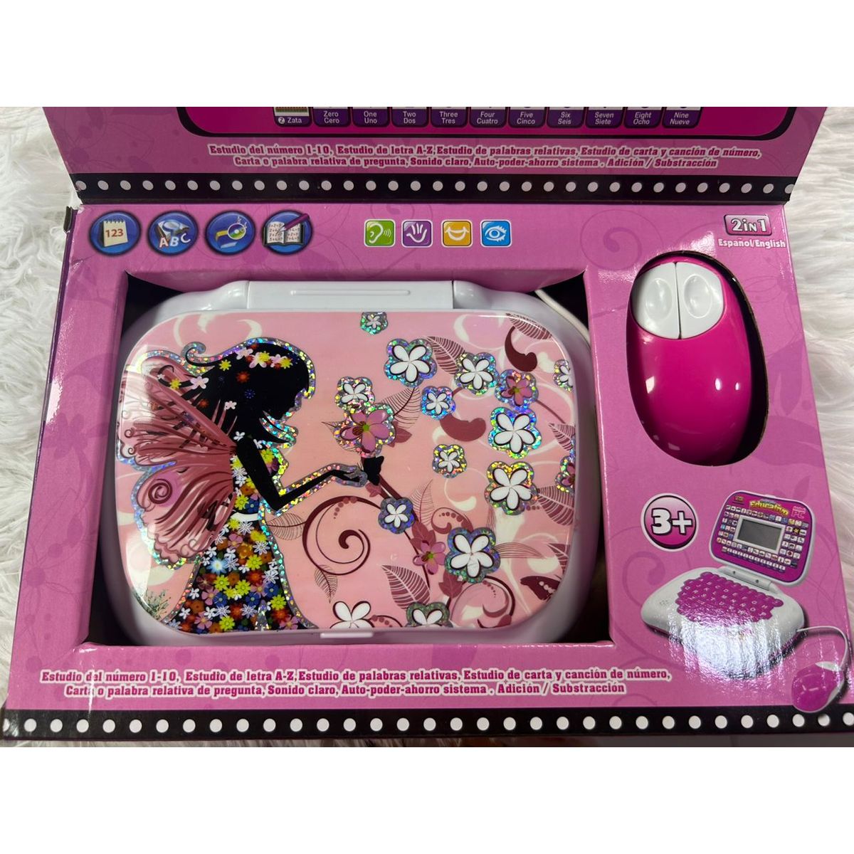 GENERICO - COMPUTADORA EDUCATIVA BILINGUE CON PANTALLA PARA NIÑAS COLOR ROSA CON DISEÑO ADAS FLORES WYM