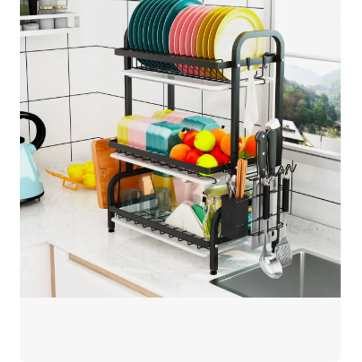 GENERICO - Secaplatos Acero Inoxidable 3 Niveles Escurridor Loza Negro Negro