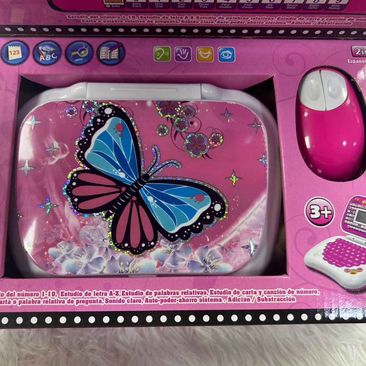GENERICO - COMPUTADORA EDUCATIVA BILINGUE CON PANTALLA PARA NIÑAS COLOR ROSA CON DISEÑO MARIPOSA WYM
