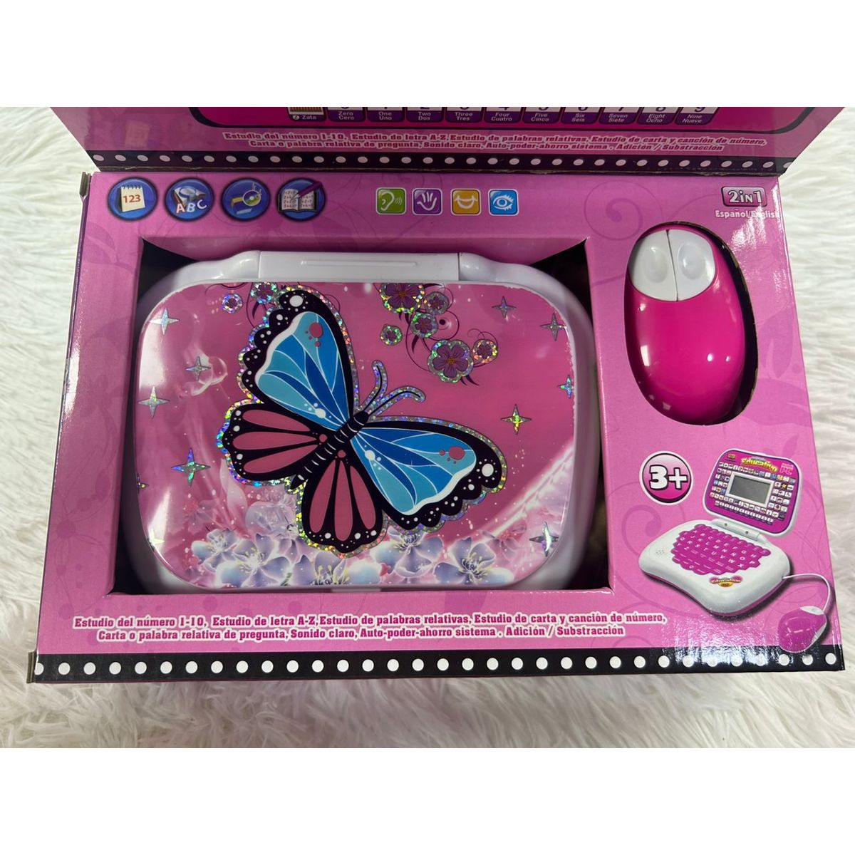 GENERICO - COMPUTADORA EDUCATIVA BILINGUE CON PANTALLA PARA NIÑAS COLOR ROSA CON DISEÑO MARIPOSA WYM