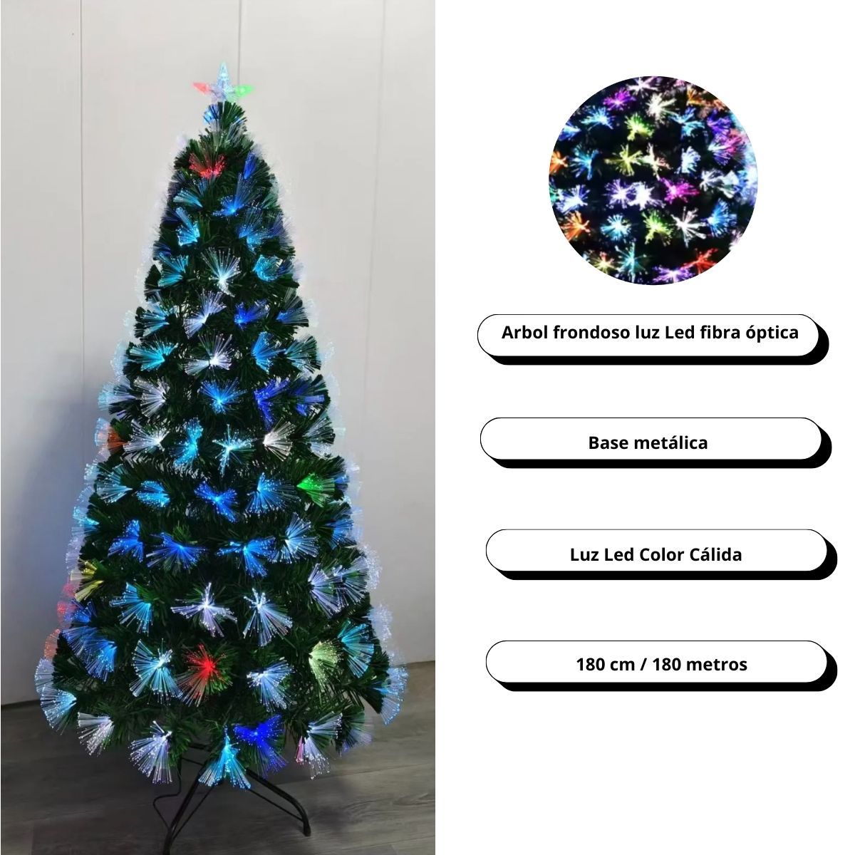 GENERICO - Arbol De Navidad Frondoso Con Luz Fibra Óptica 180 cm Multicolor