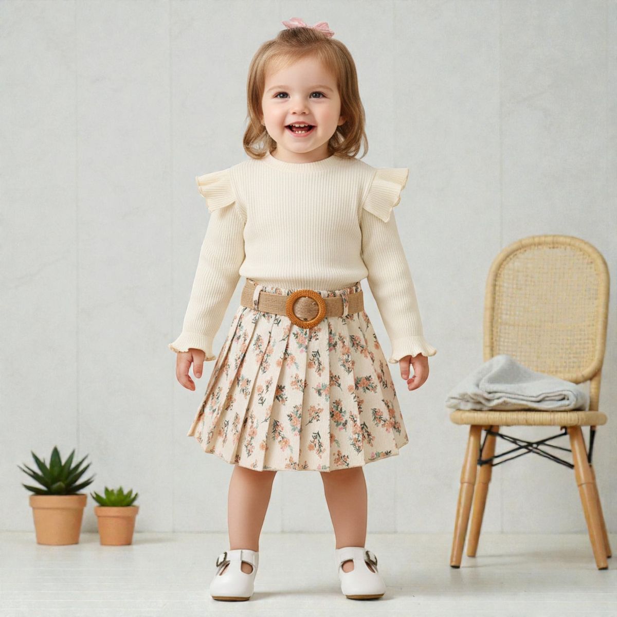 CHINA - Conjunto Para Niña De 3 Prendas Polera Manga Larga Crema + Falda Cotele Floral Y Cinturón CJ001