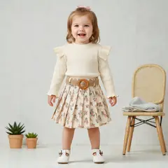 CHINA - Conjunto Para Niña De 3 Prendas Polera Manga Larga Crema + Falda Cotele Floral Y Cinturón CJ001