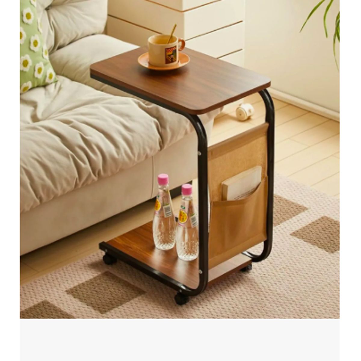 GENERICO - Mesa Auxiliar 2 Niveles Con Ruedas Para Sala Sofa Y Cama Marrón