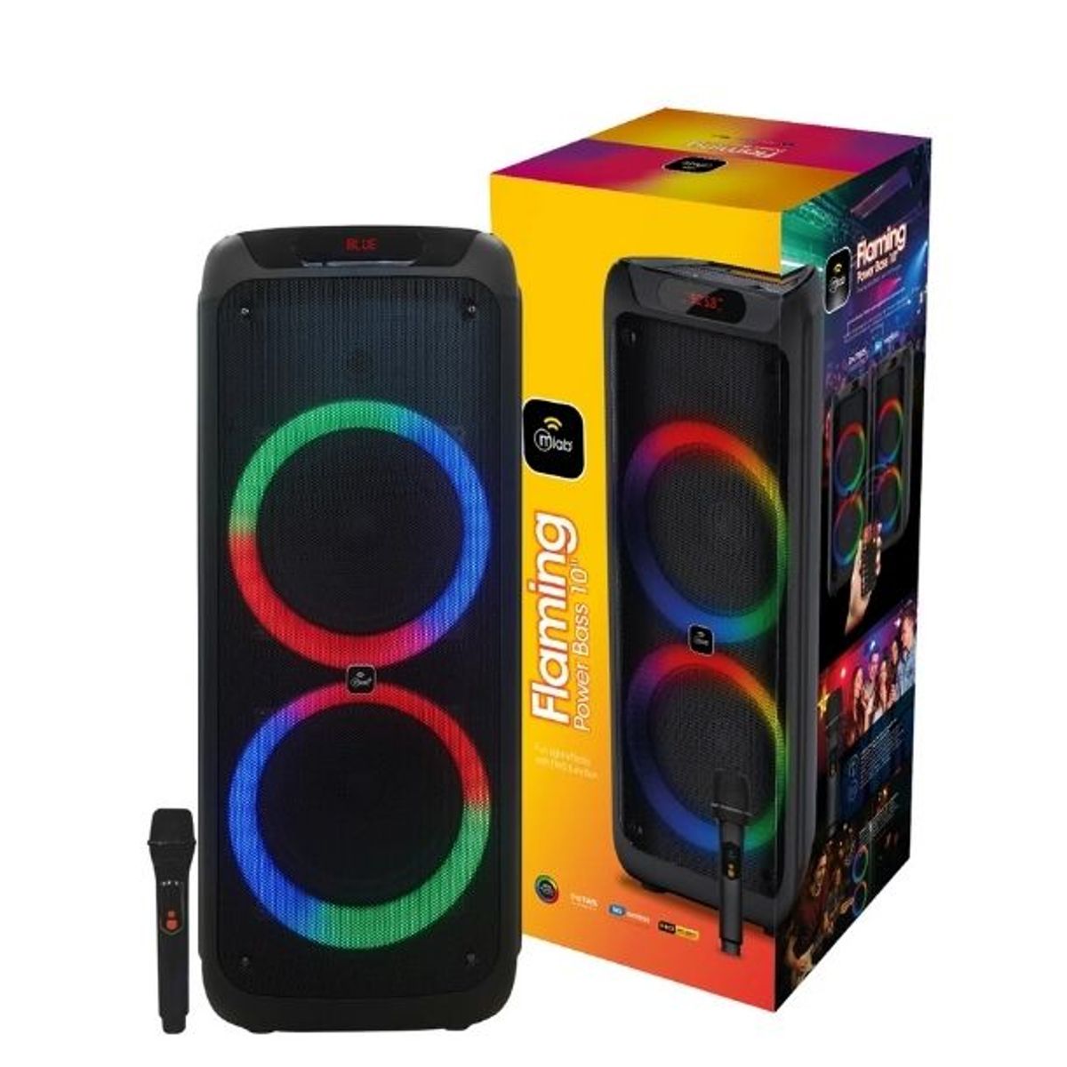 MLAB - Parlante Karaoke Flaming Power Bass 10″ Black Bluetooth Radio Micrófono Inalámbrico Potencia Maxima