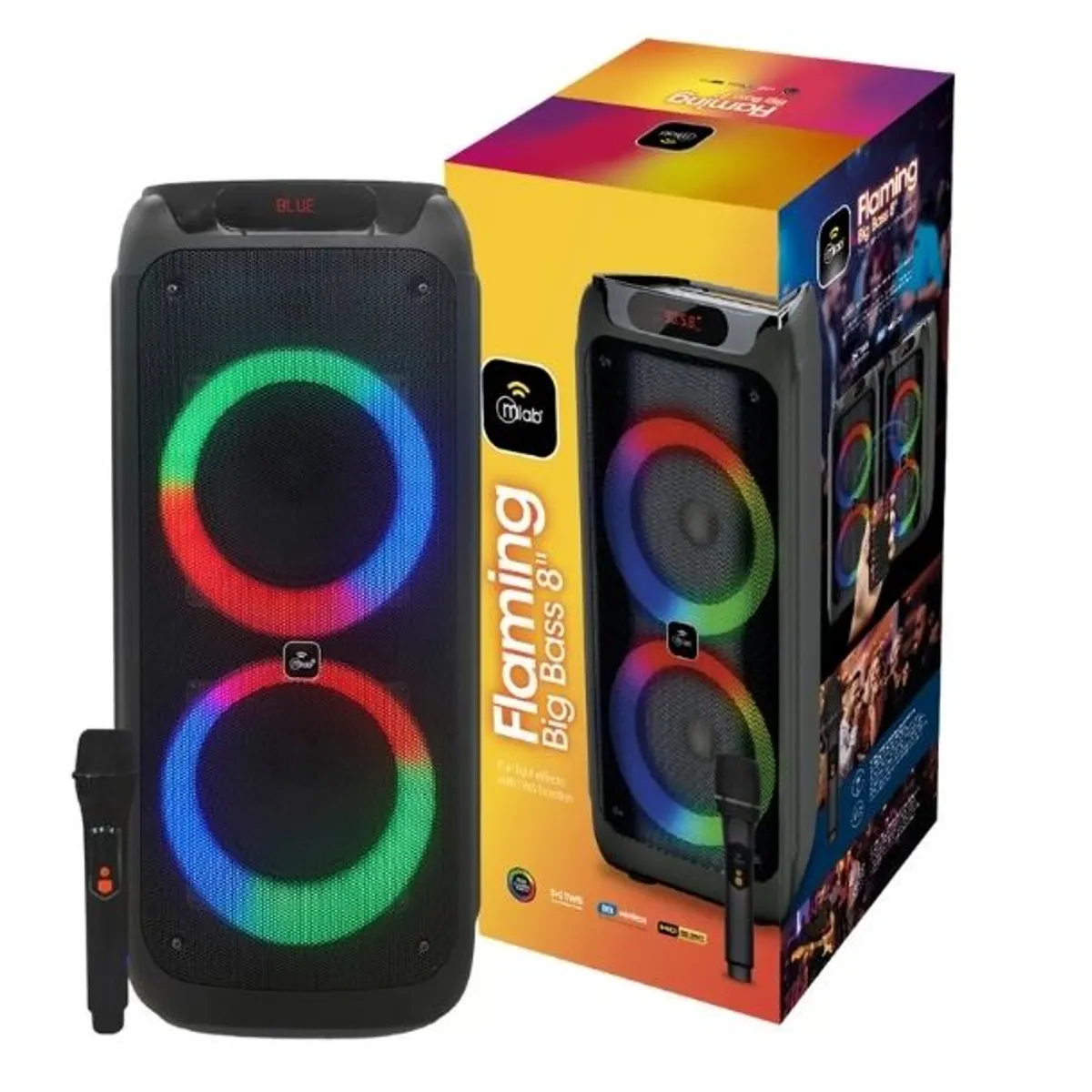 MLAB - Parlante Karaoke Flaming Big Bass 8″ Black 60W Bluetooth Radio Micrófono Inalámbrico