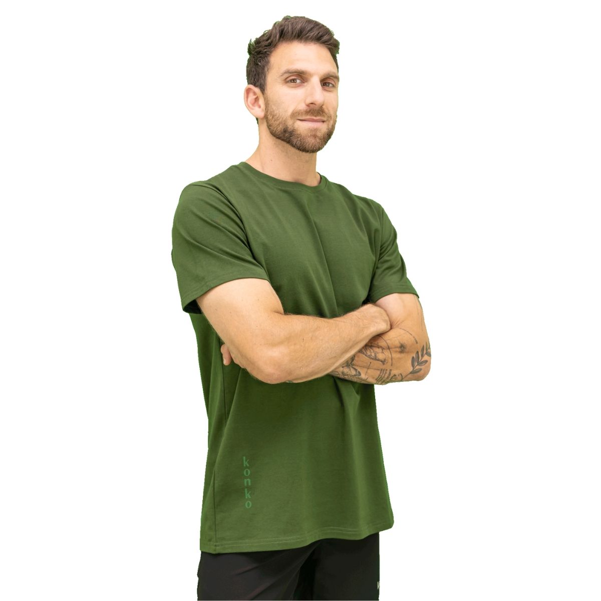KONKO ACTIVE - Polera Perfect lisa manga corta verde militar algodón hombre Konko