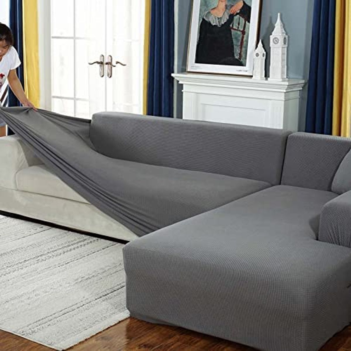 GENERICO - FUNDA TELA CUADRILLE PARA SILLON TIPO L 2 PIEZA GRIS  RS