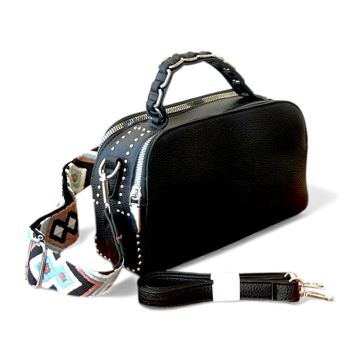GENERICO - Cartera Bandolera Negra Tachas Strap Doble Ajustable