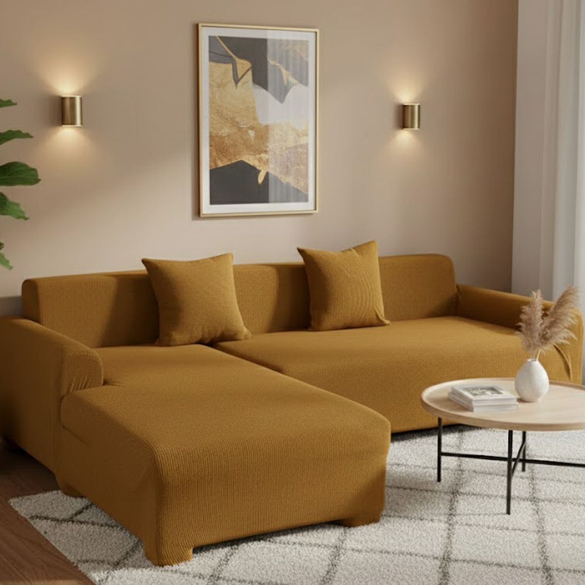 GENERICO - FUNDA TELA CUADRILLE PARA SILLON TIPO L 2 PIEZA  MOSTAZA RS