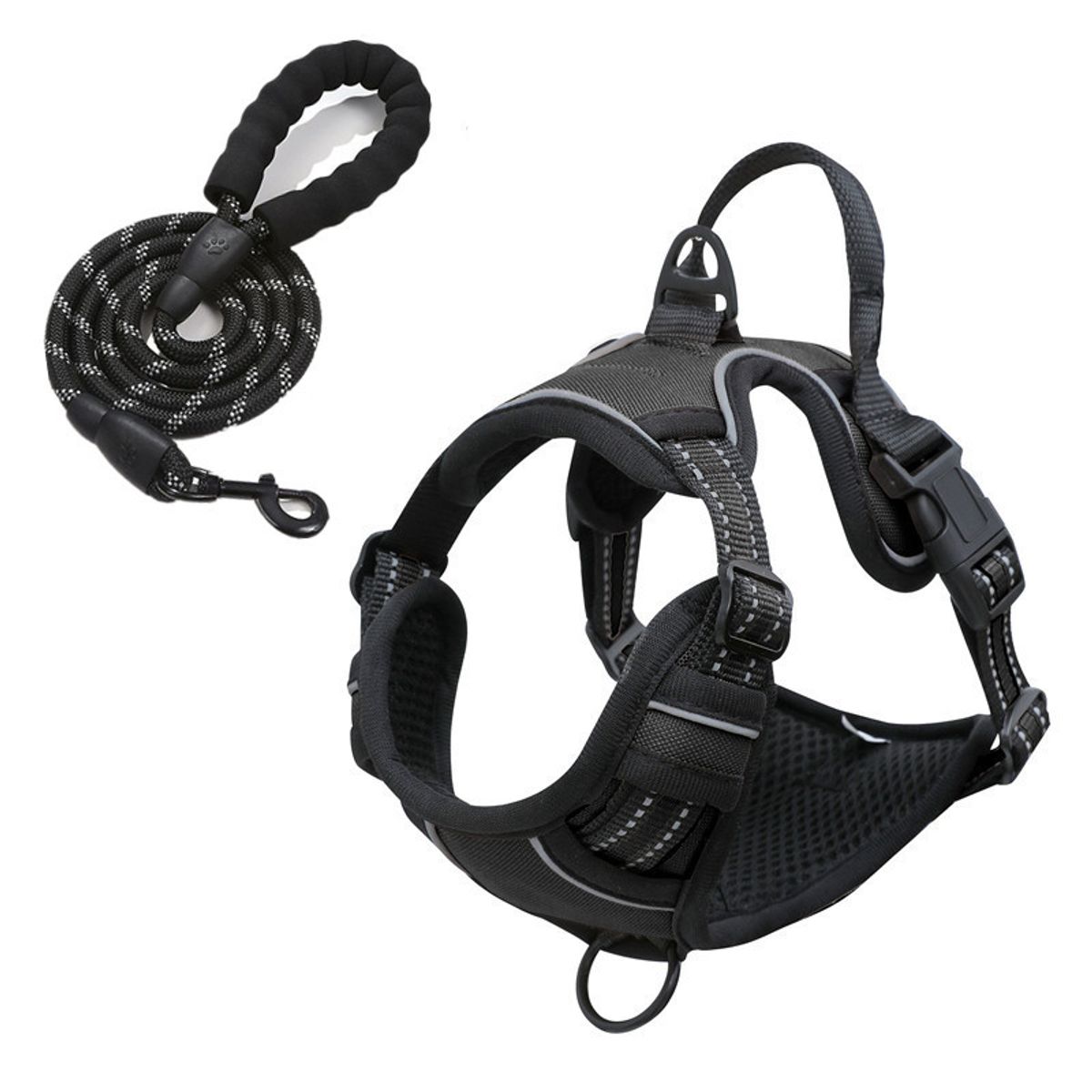 OLEVO - Arnés de Pecho Tipo H con Correa para Perro Negro Talla M + cuerda de tracción 150 cm × 1.0 cm