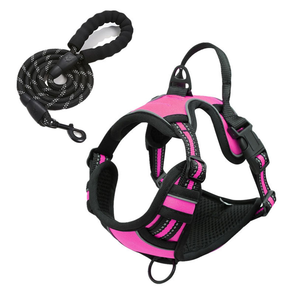 OLEVO - Arnés de Pecho Tipo H para Perro Rosa Fucsia Talla M + cuerda de tracción 150 cm x 1.0 cm