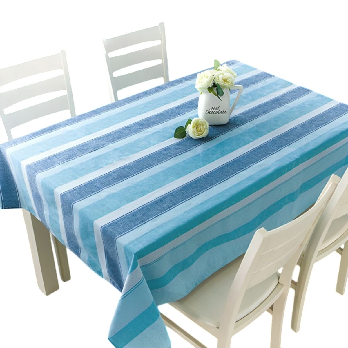 DORAL - Mantel Polycotton Rectangular  Franjas Celeste Azul Blanco  Doral