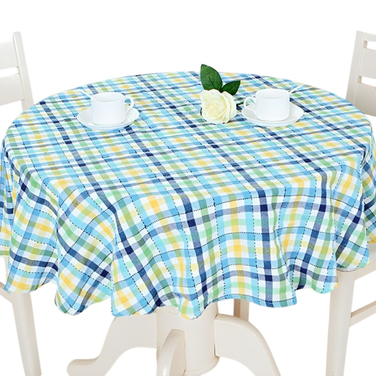 DORAL - Mantel Polycotton Redondo  Cuadrille Verde Azul Amarillo  Doral