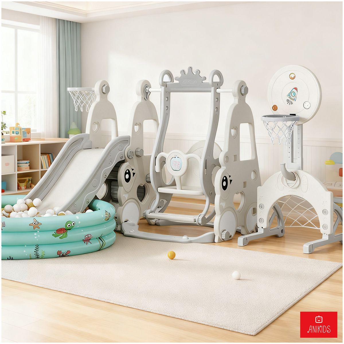 ANIKIDS - 7 En 1 Parque De Resbalín Con Columpio Piscina Juego Infantil Multifuncional