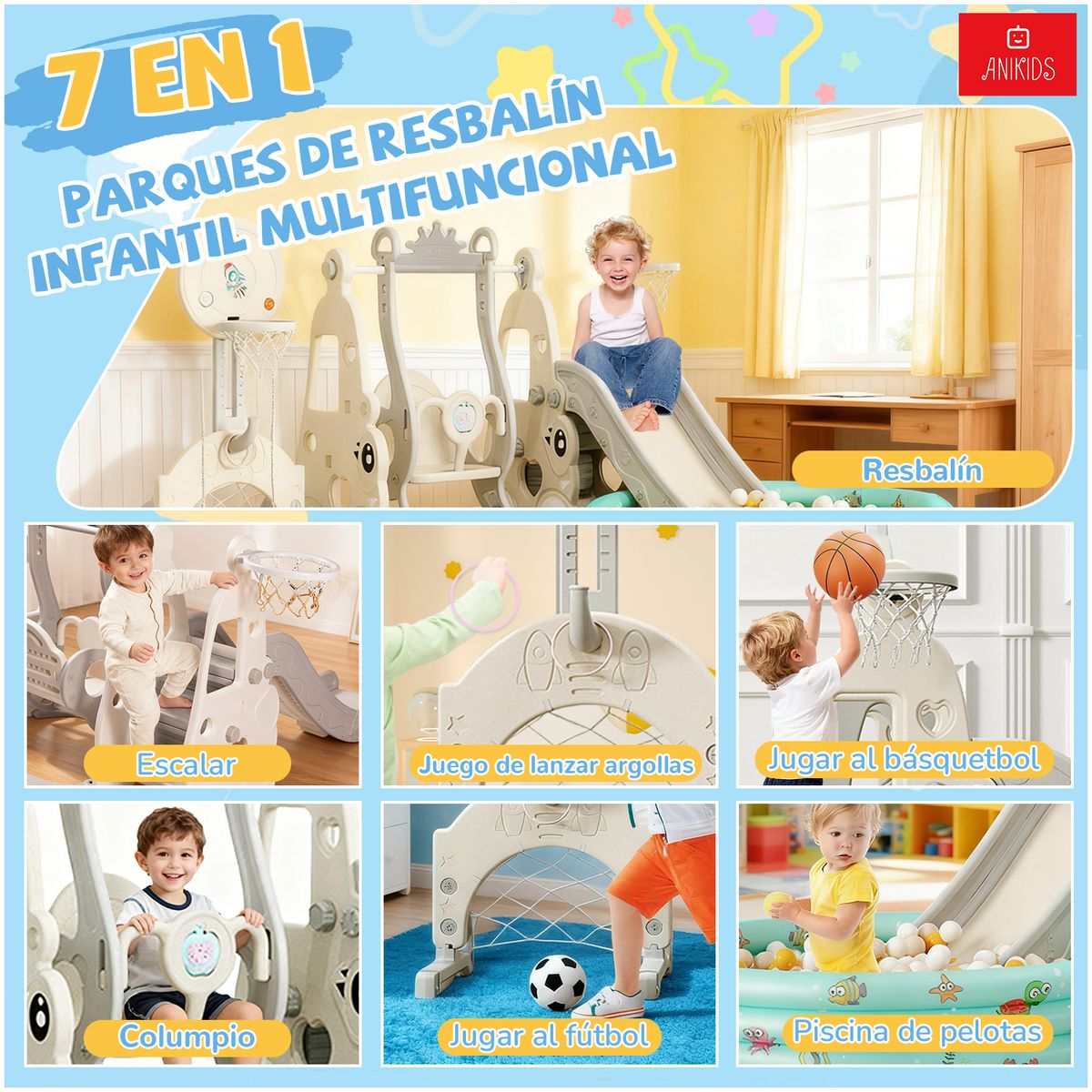 ANIKIDS - 7 En 1 Parque De Resbalín Con Columpio Piscina Juego Infantil Multifuncional