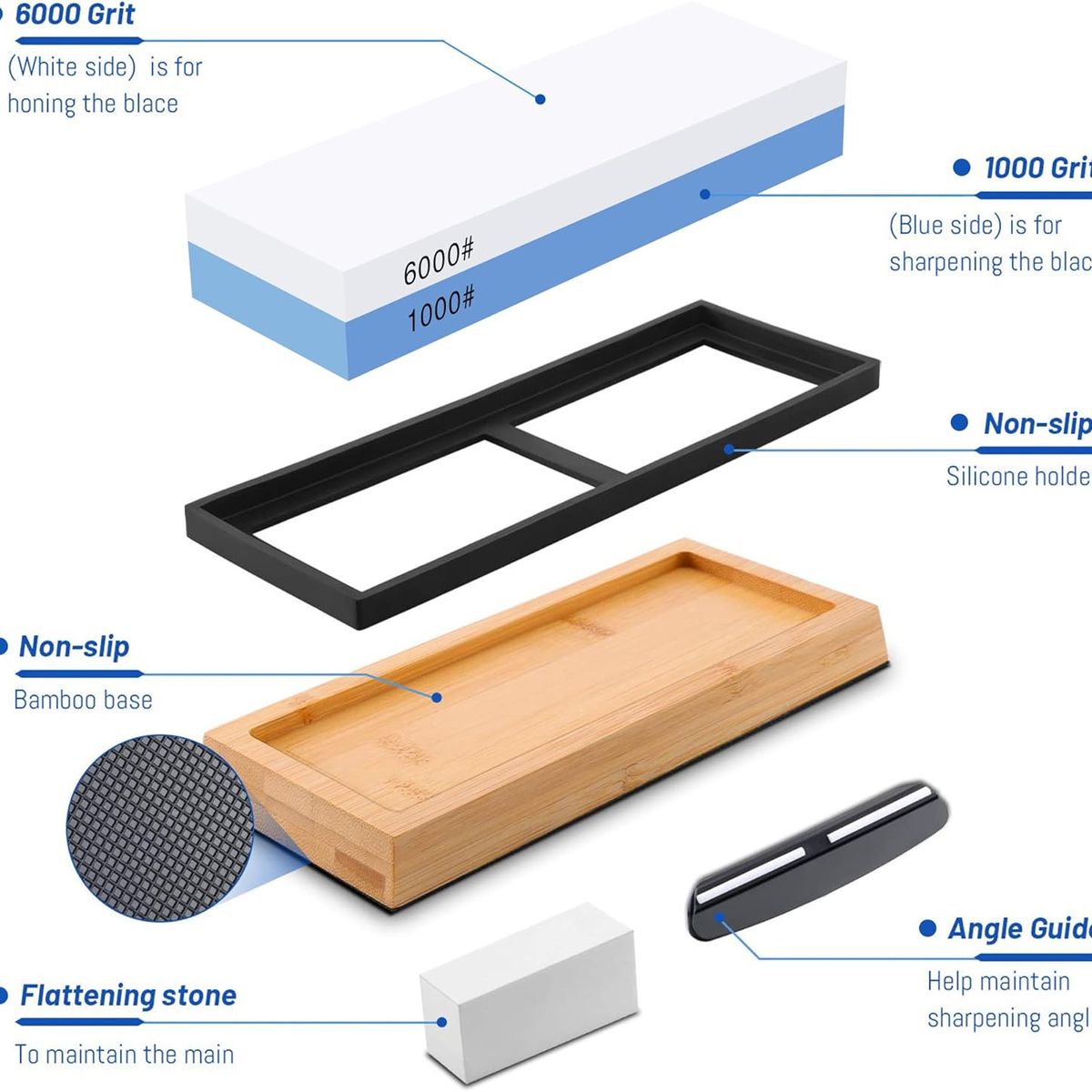 KUANGYE - Set Piedras De Afilar 1000 6000 + Guía + Base Bambú