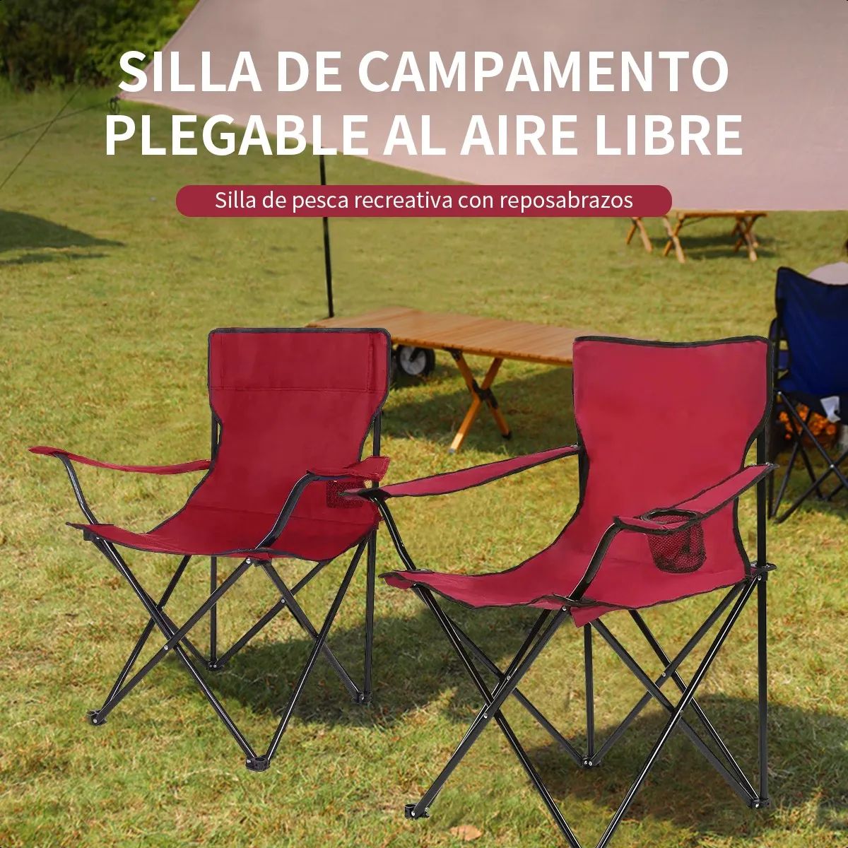 SUPERCENTER - Silla Plegable De Playa Camping Con Bolso De Porta Vasos Rojo