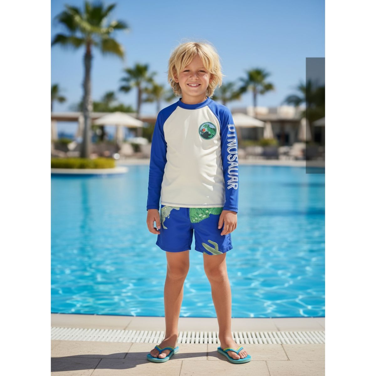 LIKE SHOP - Conjunto De Baño Niños Short Polera Gorro Manga Larga Dino 0060