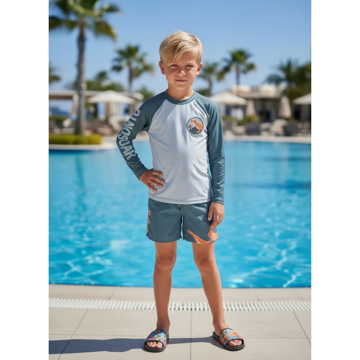 LIKE SHOP - Conjunto De Baño Niños Short Polera Gorro Manga Larga Dino 0060
