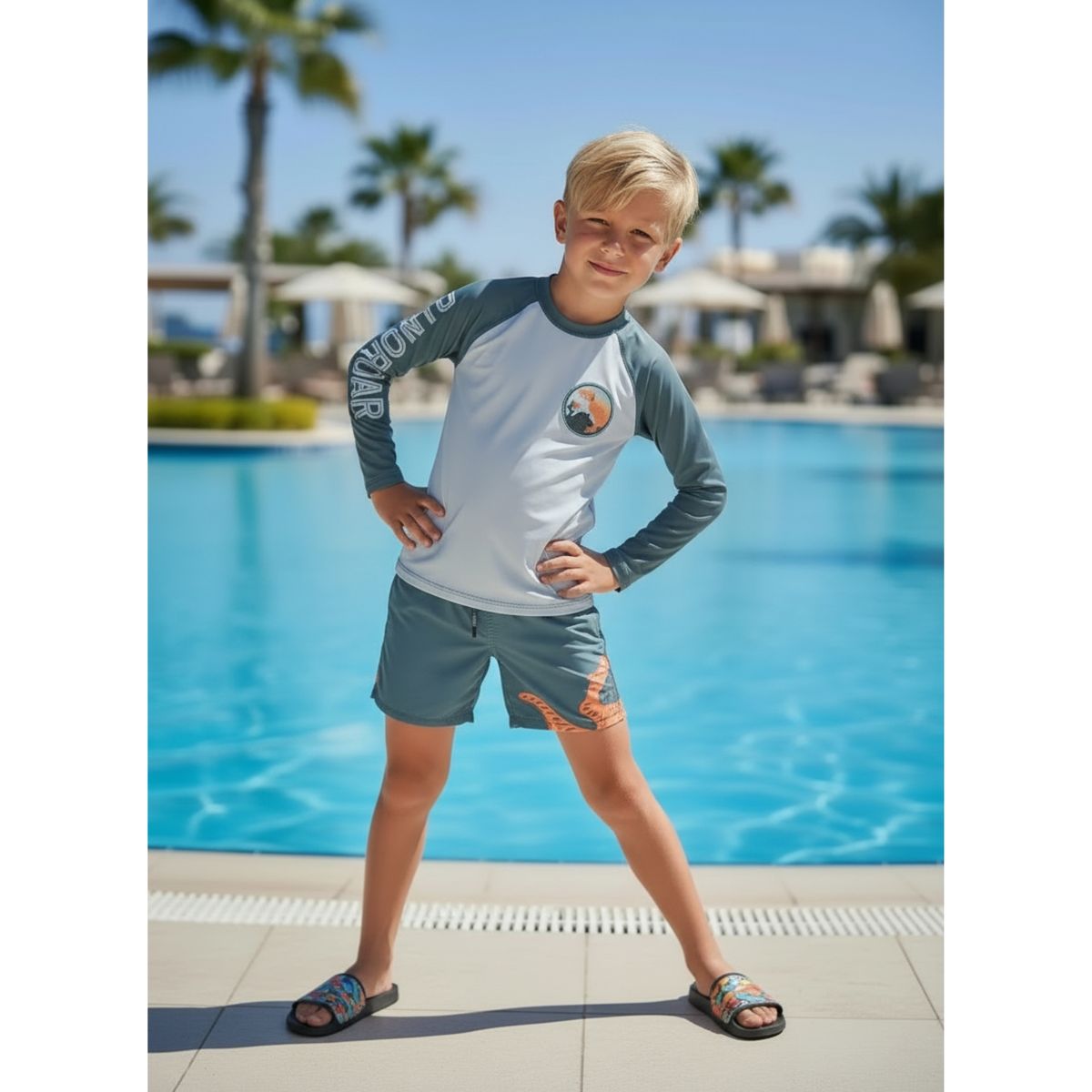LIKE SHOP - Conjunto De Baño Niños Short Polera Gorro Manga Larga Dino 0060