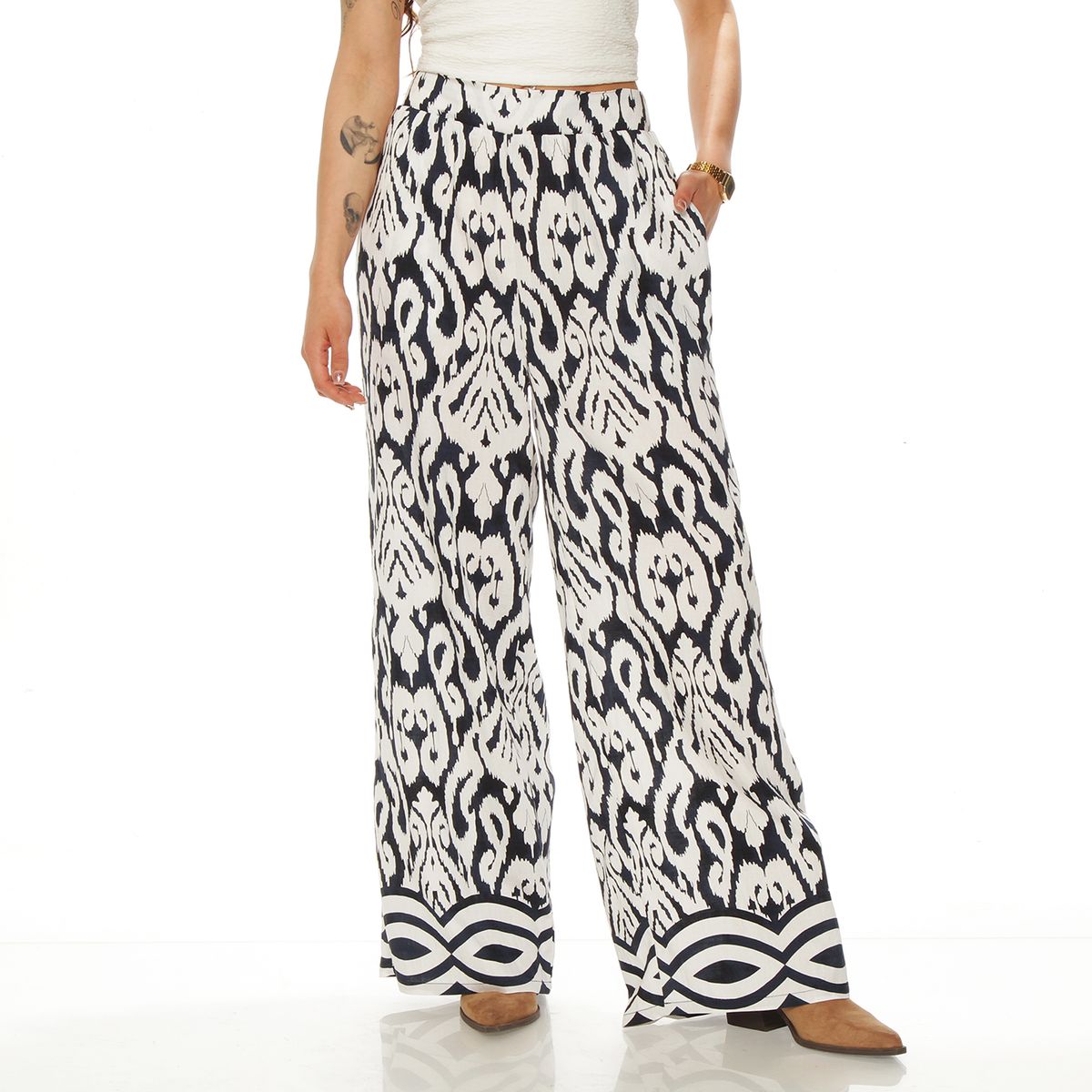 WADOS - PANTALON WIDE LEG ESTAMPADO TIRO ALTO PRETINA ELASTICADA