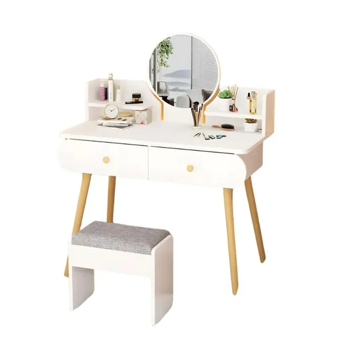 MOVI - TOCADOR O MESA DE MAQUILLAJE Y PEINADO CON LUZ LED, 2 CAJONES Y ASIENTO