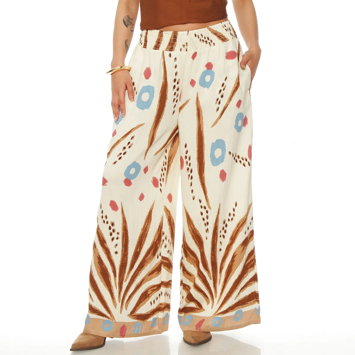 WADOS - PANTALON WIDE LEG ESTAMPADO TIRO ALTO PRETINA ELASTICADA