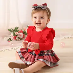 CHINA - Conjunto Verano Para Niña De 3 Prendas Body Manga Larga Rojo + Falda Y Lazo Cuadrille CJ157