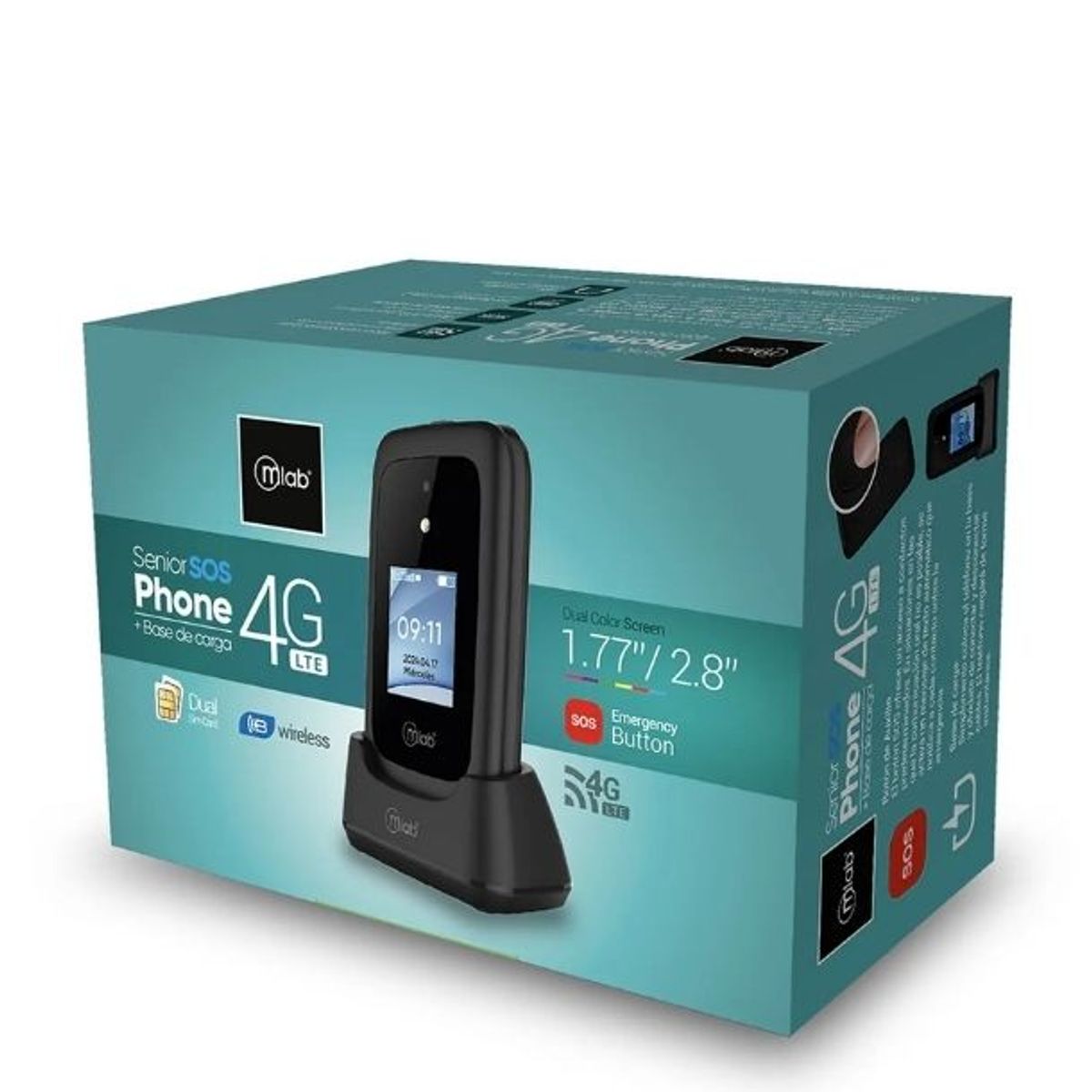 MLAB - Telefono Senior Shel Adulto Mayor 4G Botón SOS Doble Pantalla 2,8 - 1,77 Con Base De Carga 9338 MLAB
