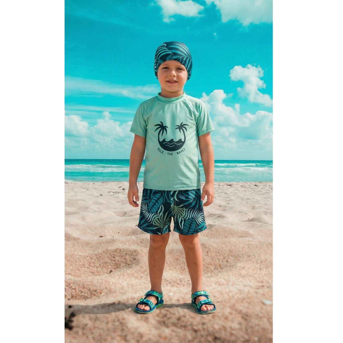 LIKE SHOP - Conjunto De Baño Niños Jovenes Short Polera Gorro Manga Corta Palmeras 0062