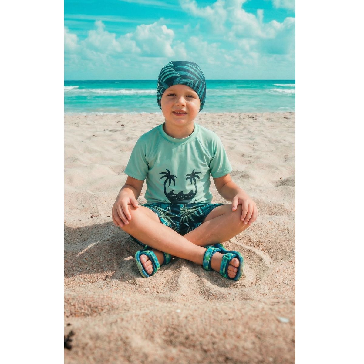 LIKE SHOP - Conjunto De Baño Niños Jovenes Short Polera Gorro Manga Corta Palmeras 0062