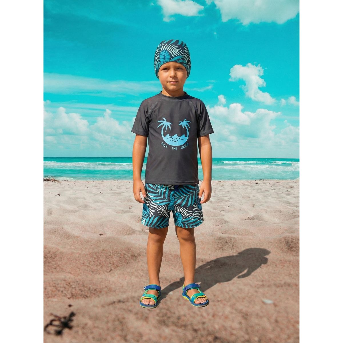 LIKE SHOP - Conjunto De Baño Niños Jovenes Short Polera Gorro Manga Corta Palmeras 0062