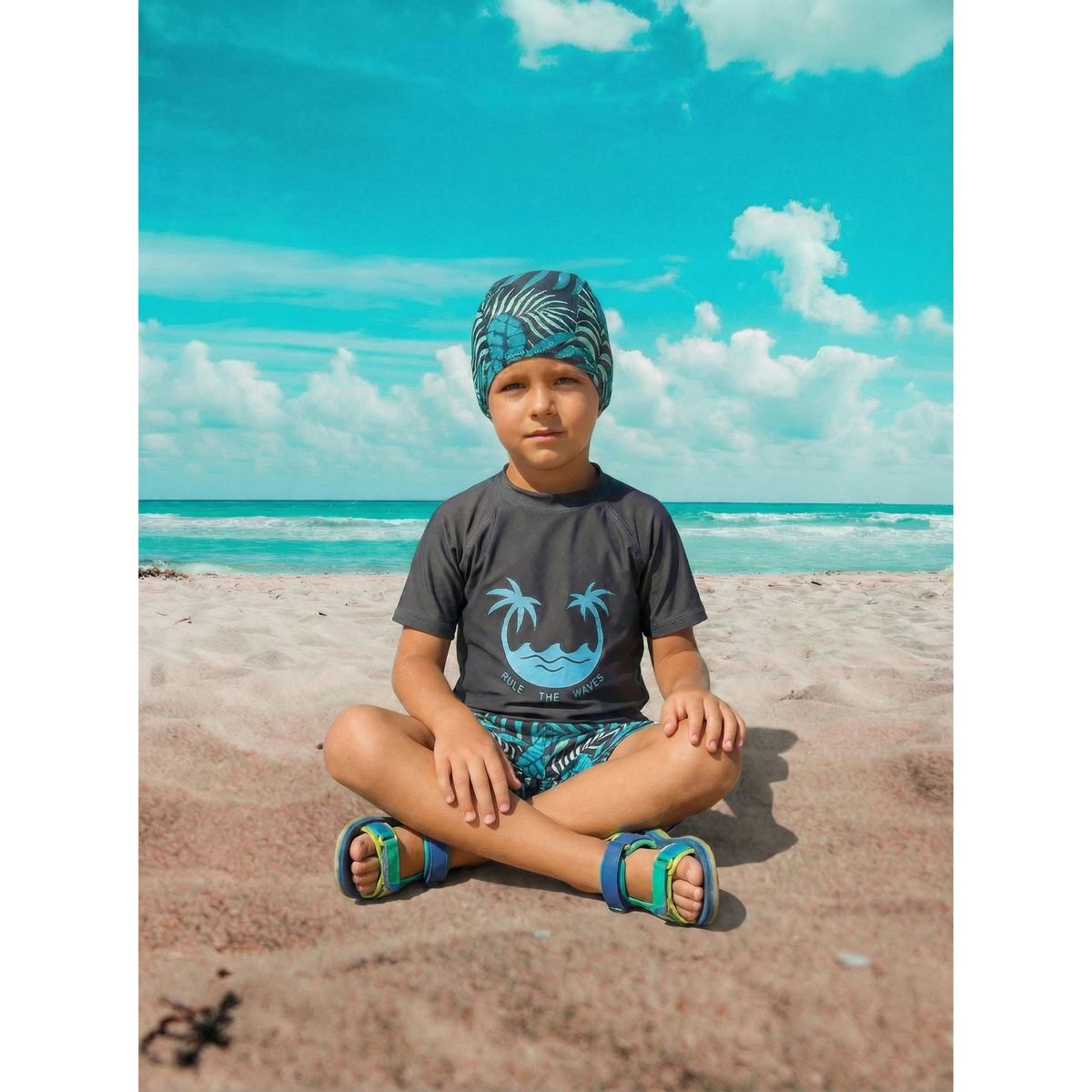 LIKE SHOP - Conjunto De Baño Niños Jovenes Short Polera Gorro Manga Corta Palmeras 0062