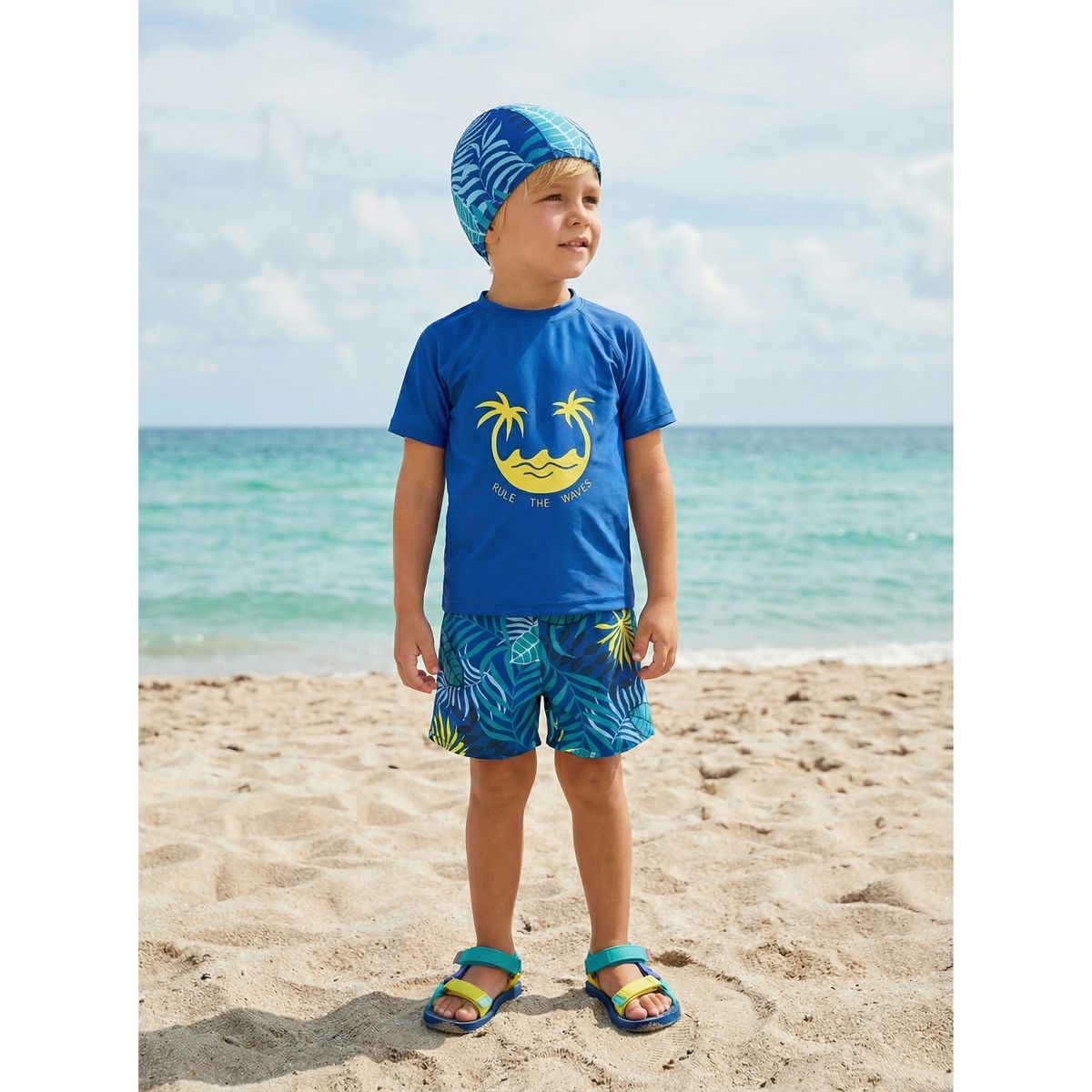 LIKE SHOP - Conjunto De Baño Niños Jovenes Short Polera Gorro Manga Corta Palmeras 0062