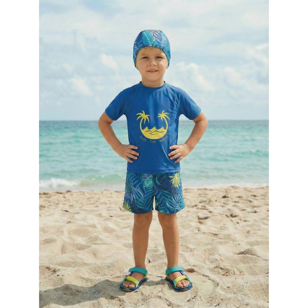 LIKE SHOP - Conjunto De Baño Niños Jovenes Short Polera Gorro Manga Corta Palmeras 0062