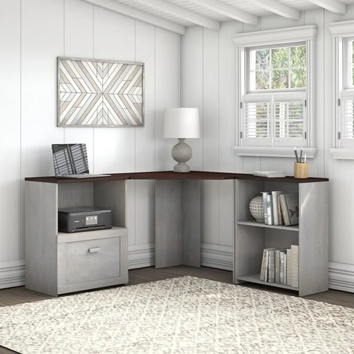 MSA MUEBLES SANTA ANA - Escritorio Esquinero con Repisa Roble Blanco