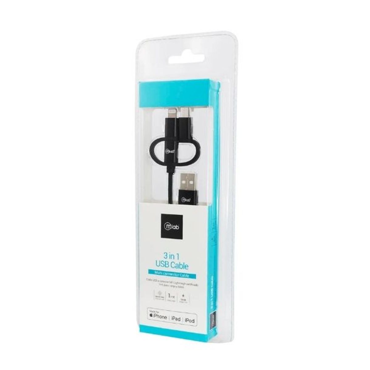 MLAB - Cable Certificado USB 3 en 1 Multi Conector Black Mlab Para Iphone/Micro/ C Cable Protección Mallado