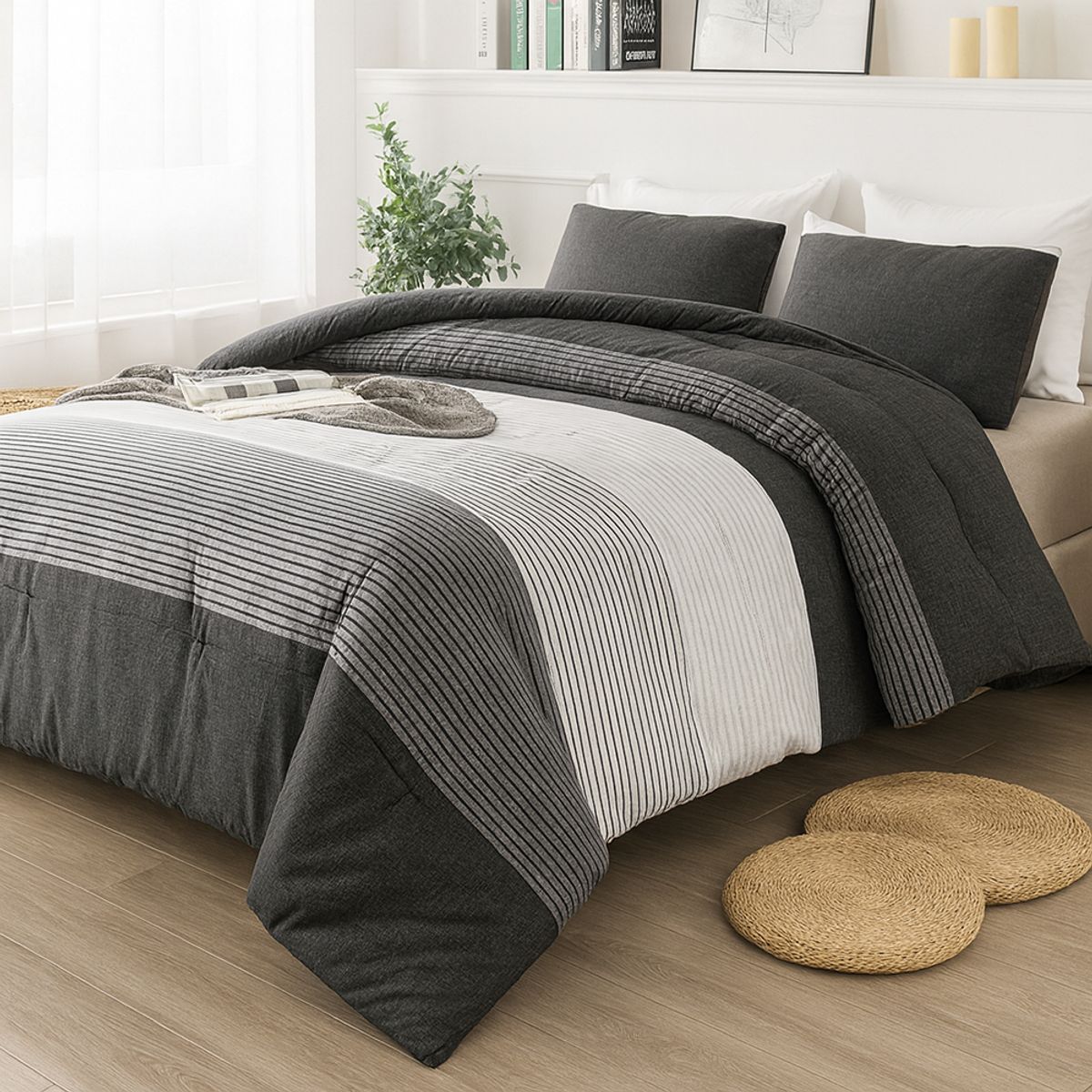 GENERICO - Cobertor cubrecama de verano 1.5 plazas gris con rayas