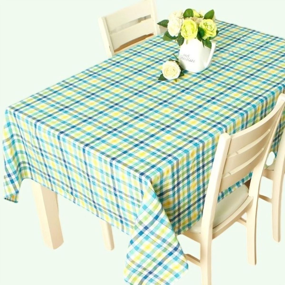 DORAL - Mantel Polycotton Rectangular  Cuadrillé Verde Azul Amarillo  Doral