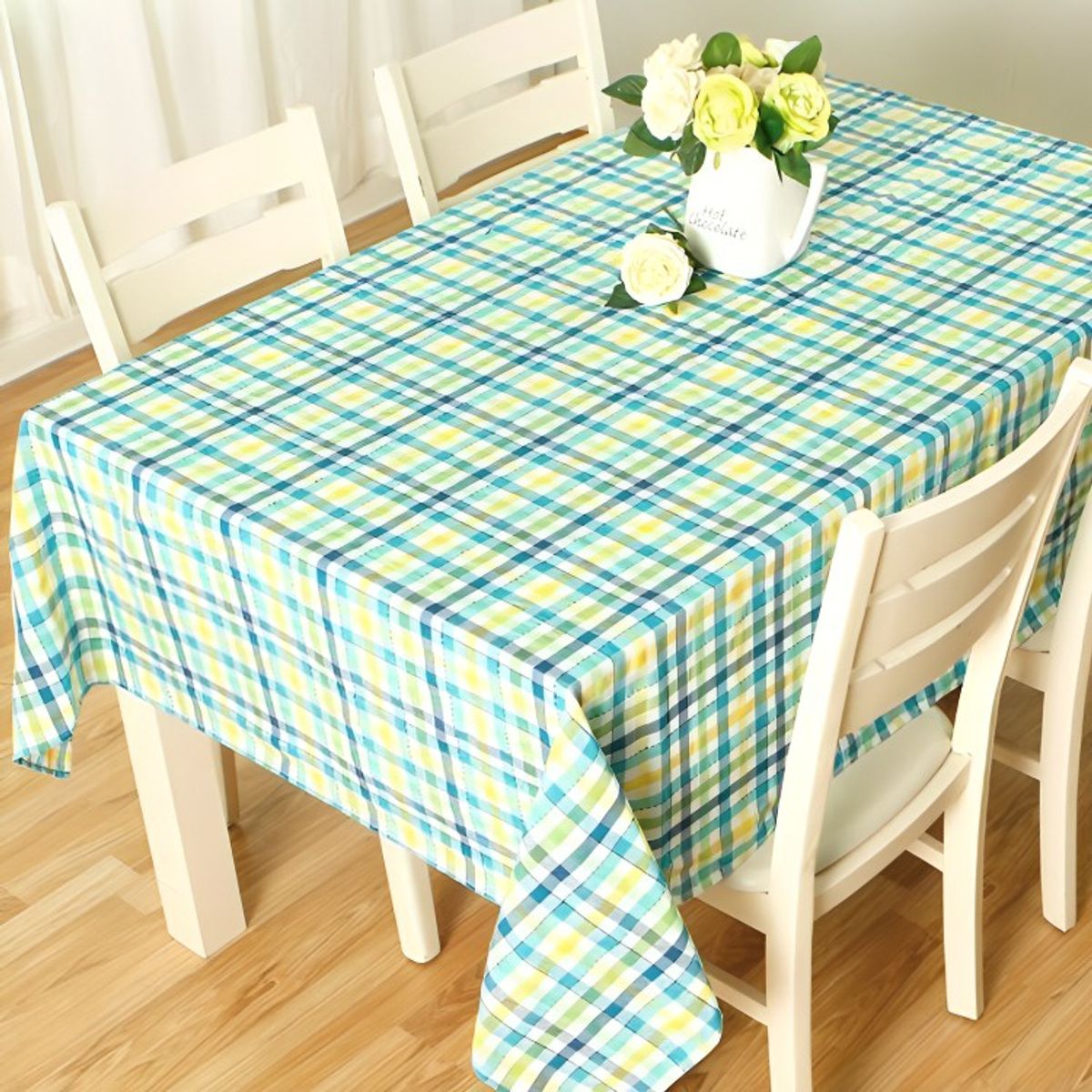 DORAL - Mantel Polycotton Rectangular  Cuadrillé Verde Azul Amarillo  Doral