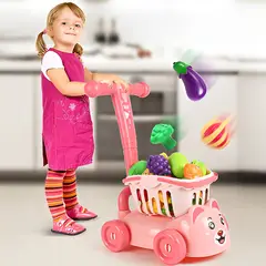 GENERICO - Carrito De Mercado cara de Osito con Frutas y Verduras Para Cortar color rosado