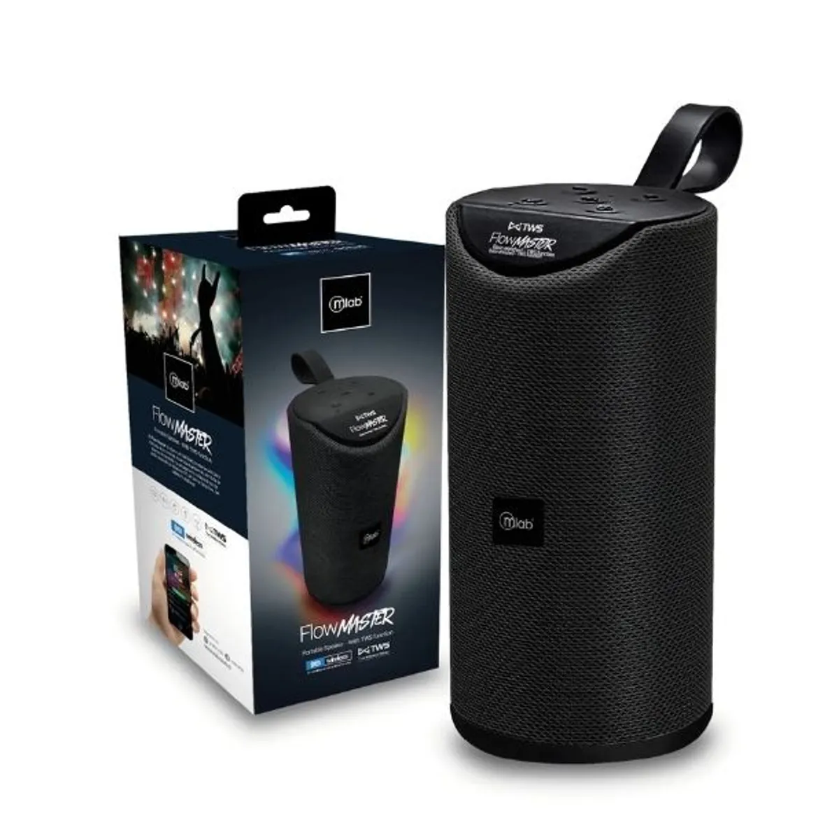 MLAB - Parlante Bluetooth FM Radio Flow Master- TWS Red Black Blue Parlante Recargable - NEGRO