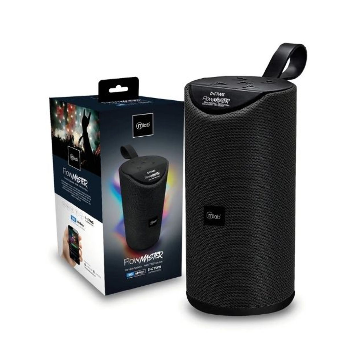 MLAB - Parlante Bluetooth FM Radio Flow Master- TWS Red Black Blue Parlante Recargable - NEGRO