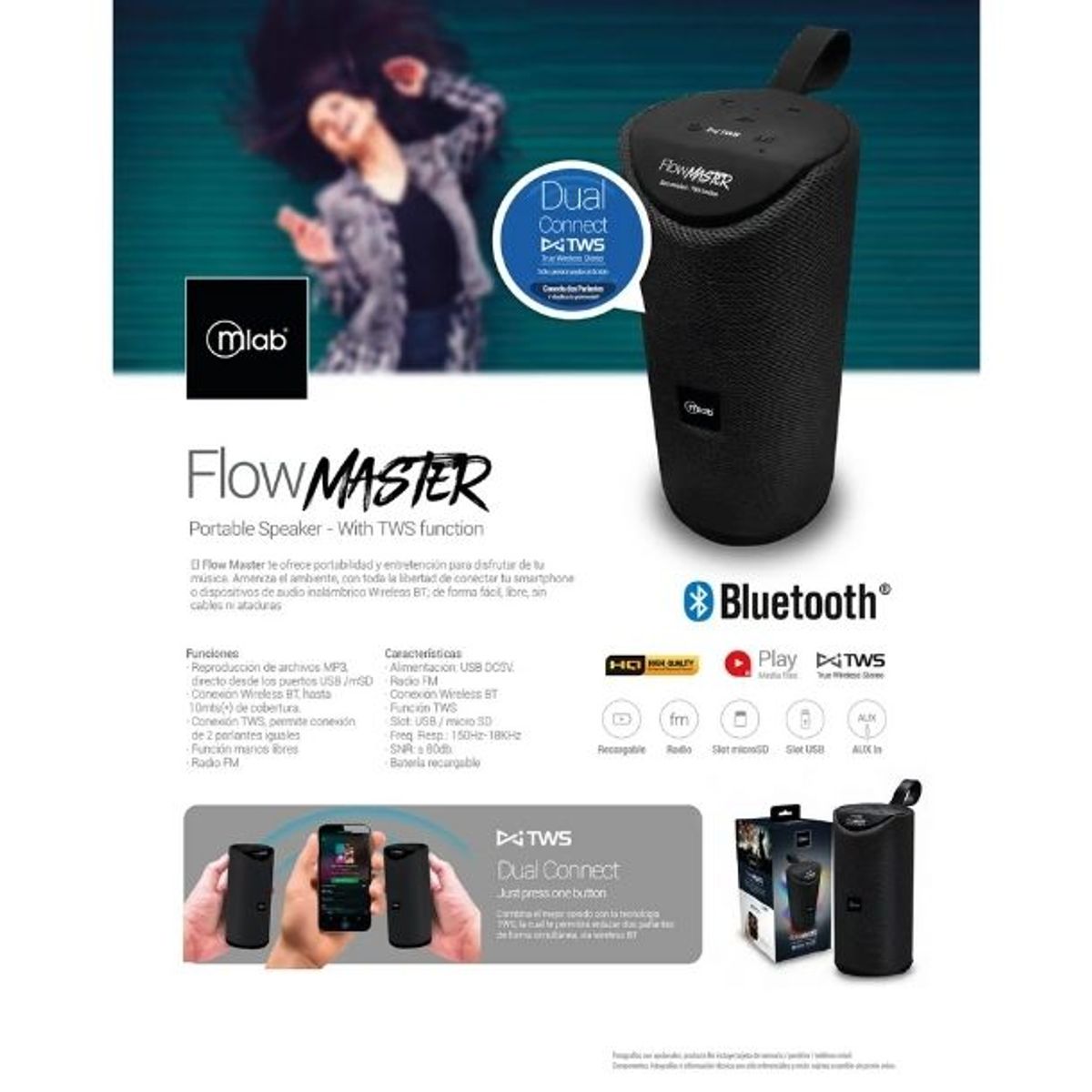 MLAB - Parlante Bluetooth FM Radio Flow Master- TWS Red Black Blue Parlante Recargable - NEGRO
