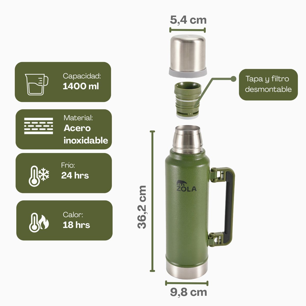 ZOLA OUTDOORS - Termo Agua Caliente 1300 Ml Mate Acero Inoxidable Zola VERDE