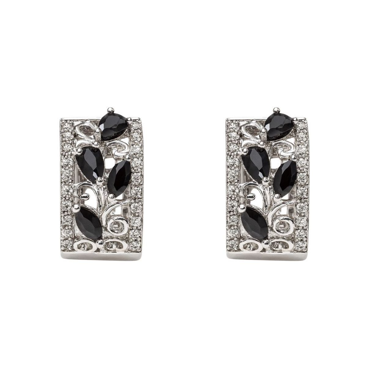 JOYAS LANDEROS - Aros Argollas Pétalos Negros Enchapado en Rodio 18mm