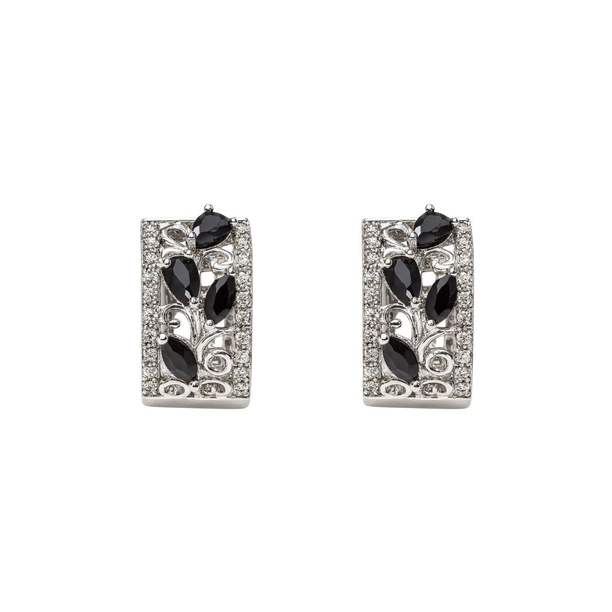 JOYAS LANDEROS - Aros Argollas Pétalos Negros Enchapado en Rodio 18mm